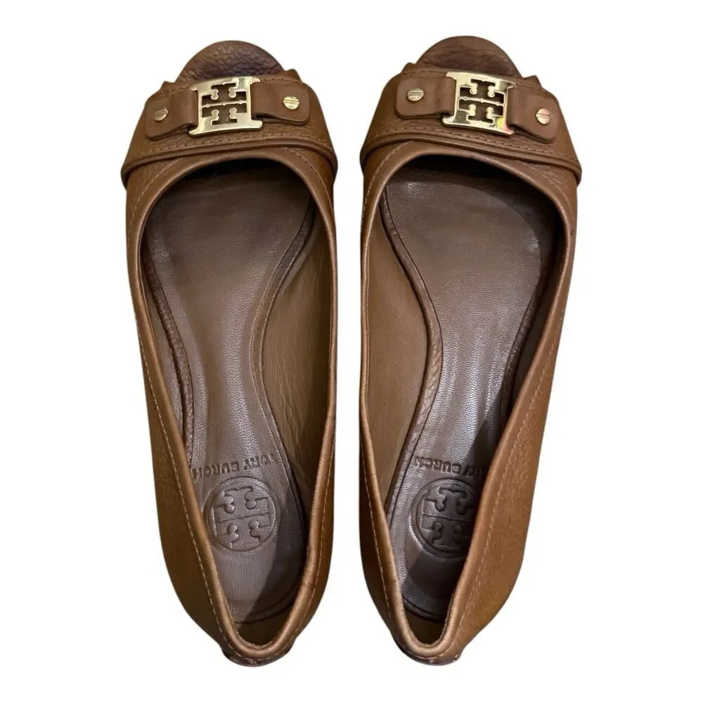 Tori Burch Brown Pebble Leather Cline Peep-Toe Flats Women's Size 7.5 $225